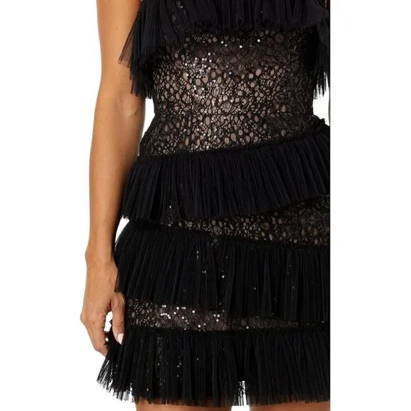BCBGMAXAZRIA Sequin Lace & Pleated Iba Tulle Black Womens Size 6 - Picture 7 of 15